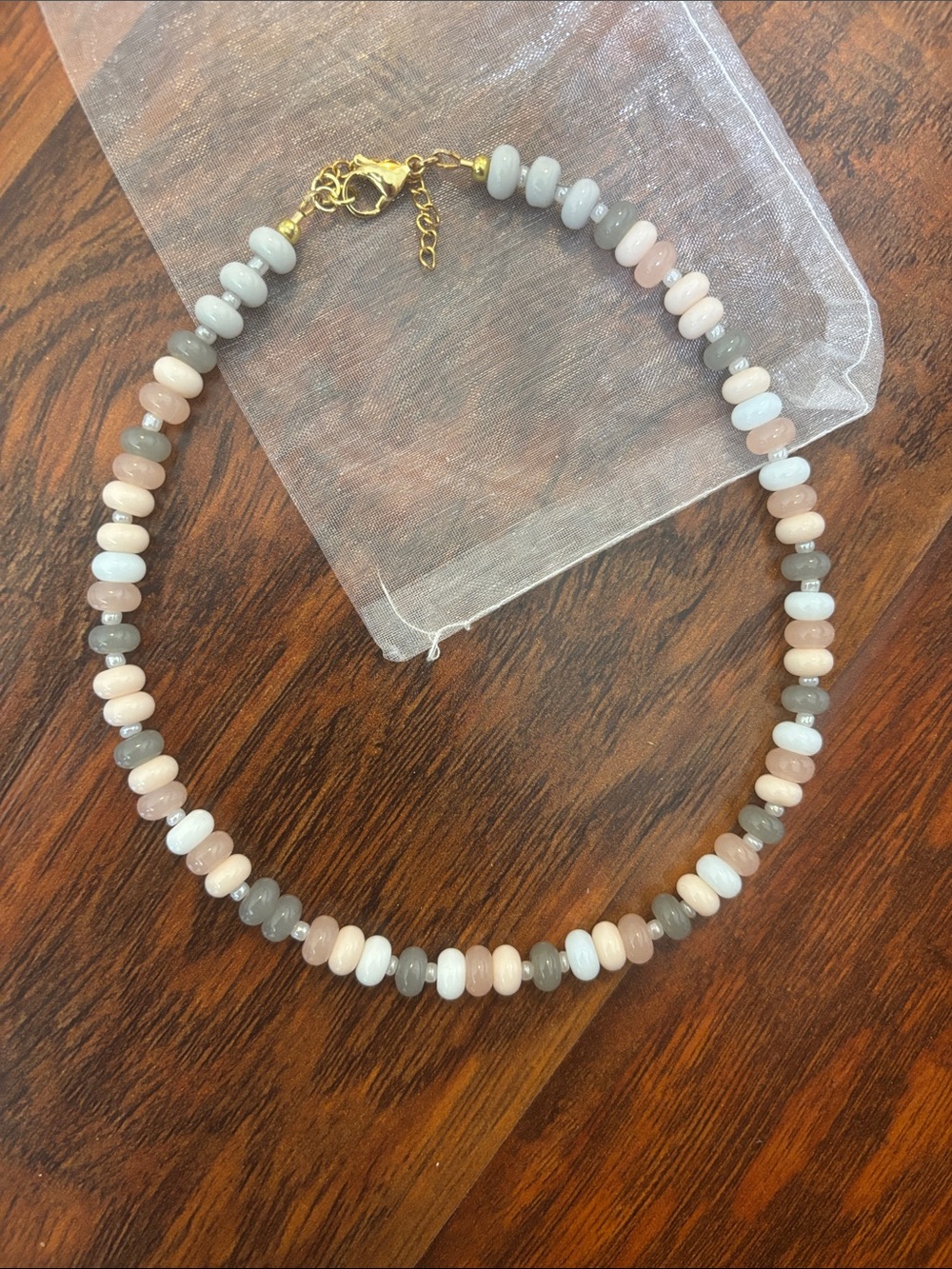 Women’s handmade artisan beaded necklace gray white pink gold